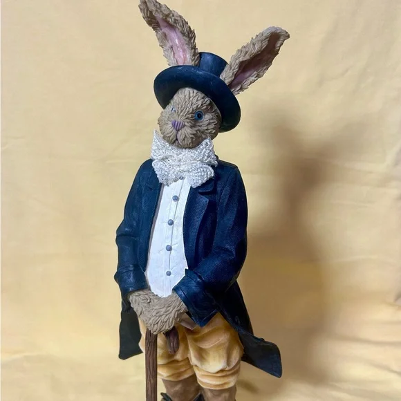 Vintage Gentleman Rabbit Figurine 12” Tall Victorian Style Cane Hat - Picture 3 of 13